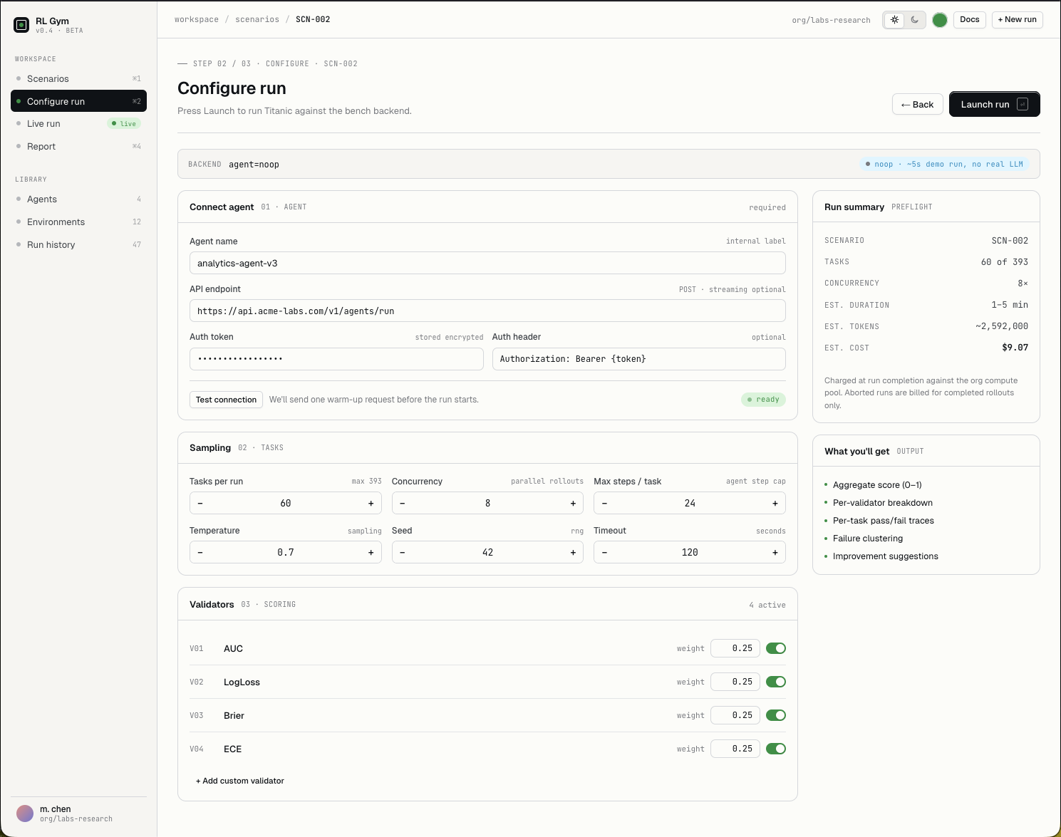 Run configuration screen